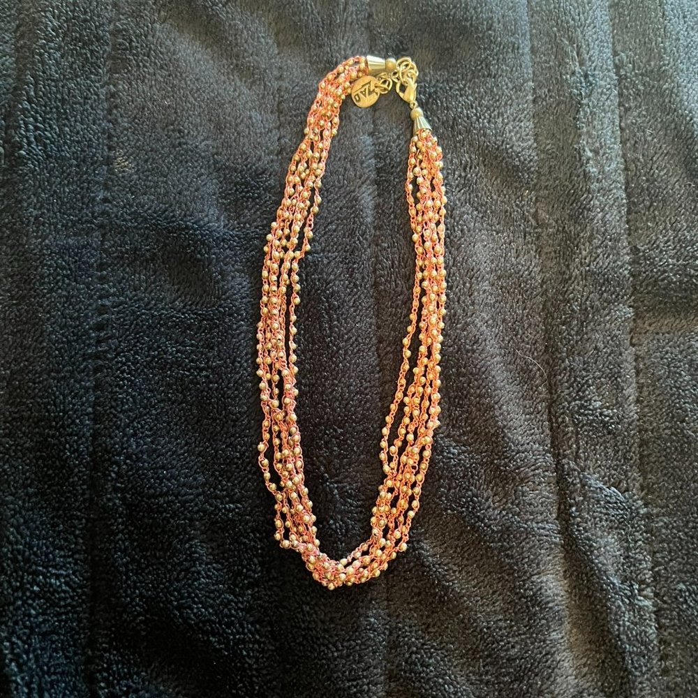 ZAD - Pink Fabric and Beaded Multi Strand Necklace - 15 inches + 2.5